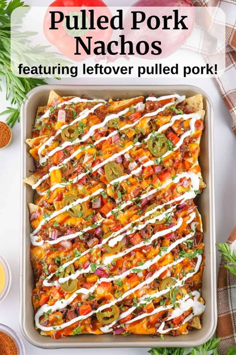 Jazz up dinner with quick and easy Pulled Pork Nachos! These delicious nachos feature favorites like creamy nacho cheese, jalapenos, bell peppers, savory BBQ sauce, and more. Pulled Pork Nachos Recipe, Pork Nachos Recipe, Pork Fajitas, Bbq Nachos, Leftover Pulled Pork, Easy Meals For Families, Easy Pulled Pork, Pulled Pork Nachos, Pork Nachos