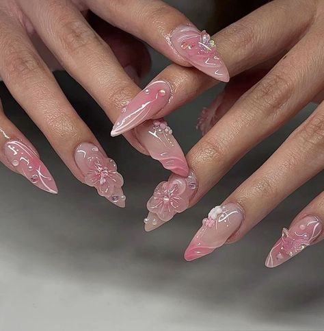 Gel X Nail Art Designs, Jelly Flower Nails, Bee Nail Designs, Bee Nails, Summery Nails, Blush Nails, Really Cute Nails, Jelly Nails, Pink Acrylic Nails