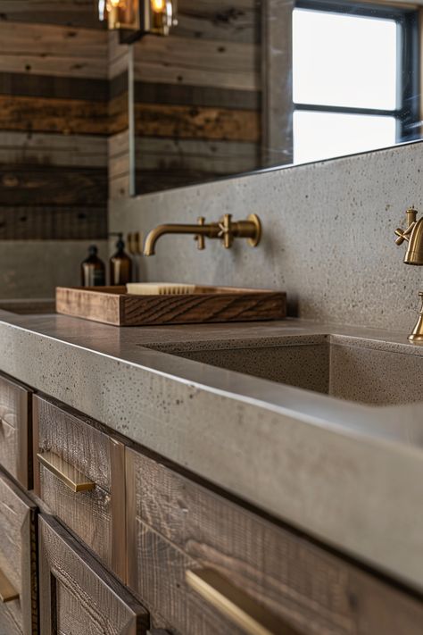 Modern Rustic Bathroom Ideas Master Bath Interior Design, Integral Sink Bathroom, Western Bathroom Vanity Ideas, Soapstone Counters Bathroom, Mcgee And Co Master Bath, Farmhouse Modern Master Bath, Modern Cabin Interior Bathroom, Tiled Bathroom Vanity Top, Modern Mountain Home Master Bath