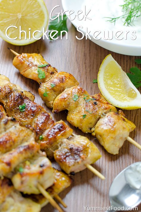 Greek Chicken Skewers with Homemade Tzatziki Sauce - Recipe from Yummiest Food Cookbook Chicken Glaze, Tzatziki Sauce Easy, Greek Chicken Skewers, Easy Greek Chicken, Glazed Chicken Breast, Yummiest Food, Tzatziki Sauce Recipe, Homemade Tzatziki Sauce, Homemade Tzatziki