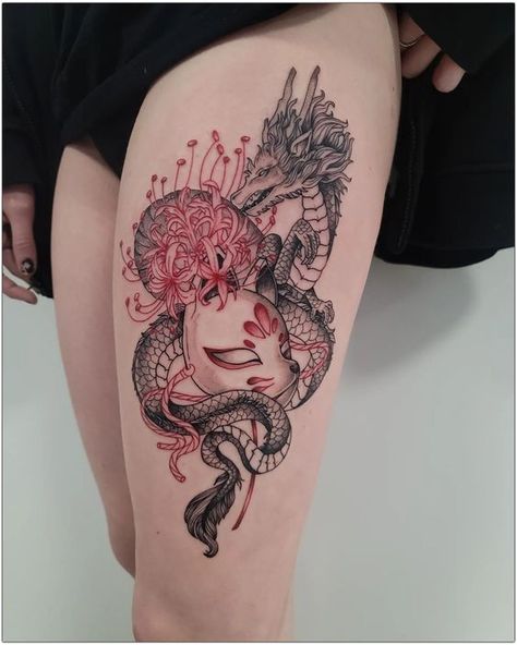 Spider lily tattoo. Dragon With Red Spider Lily Tattoo, Red Spider Lily And Dragon Tattoo, Spider Lily With Dragon Tattoo, Red Spider Lily Tattoo Thigh, Dragon With Spider Lily Tattoo, Dragon And Spider Lily Tattoo, Spider Lily Hip Tattoo, Red Spider Lily Tattoo Meaning, Snake And Spider Lily Tattoo