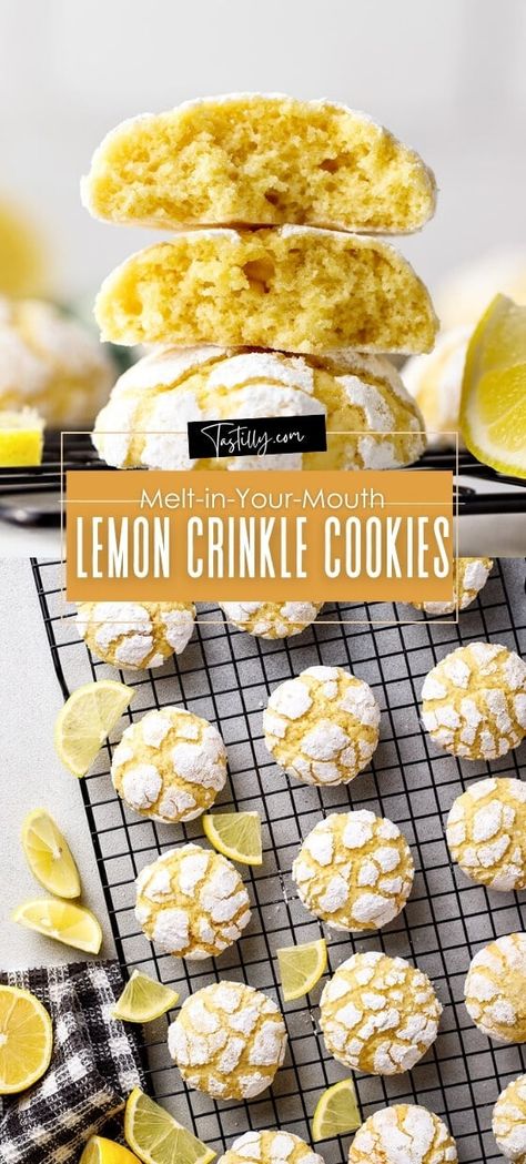 Melt-in-Your-Mouth Lemon Crinkle Cookies Ms Recipes, Christmas Cookie Recipes Holiday, Crinkle Cookies Recipe, Lemon Crinkle Cookies, Lemon Cookies Recipes, Lemon Dessert, Lemon Cake Mixes, Lemon Dessert Recipes, Cake Mug