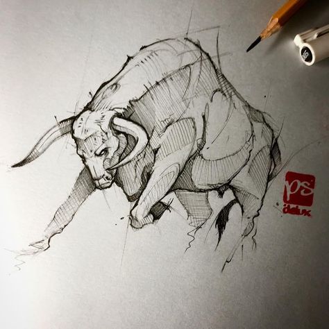 🐂psdelux  hs Bull Art Drawing, Bull Sketch, Taurus Bull Tattoos, Bull Artwork, Tier Tattoo, Easy Draw, Bull Art, Bull Tattoos, Animal Drawings Sketches