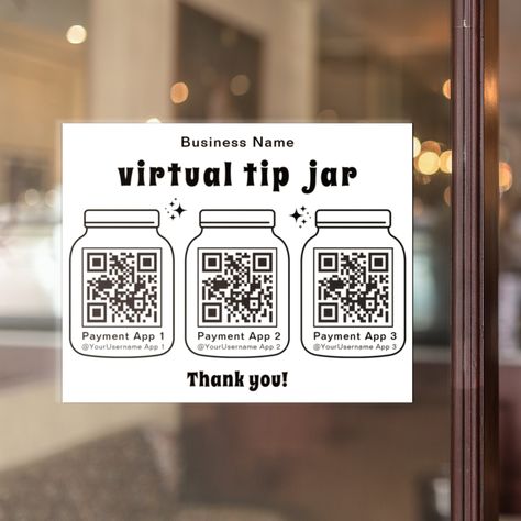 With the ability to insert your business name and three QR codes from your preferred payment apps, this sticker enhances customer engagement and ease of use. Perfect for cafes, artists, performers, and service providers, the tip jar becomes a seamless digital transaction hub, allowing customers to show appreciation through quick and convenient payments. Elevate your sticker, simplify transactions, and foster a sense of gratitude with this customizable tip jar sticker. Virtual Tip Jar, Qr Code Sticker, Scan Qr Code, Scan To Pay, Qr Code Business, Jar Stickers, Tip Jar, Tip Jars, Show Appreciation