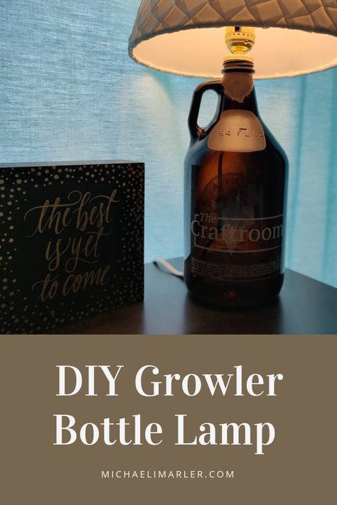 DIY Growler Bottle Lamp | Michaeli Marler Beer Diy Crafts, Diy Glass Bottle Lamp, Jagermeister Bottle Crafts, Beer Growler Decor, Growler Decor, Bourbon Bottle Crafts, Beer Bottle Lamp, Upcycle Jars, Diy Bottle Lamp