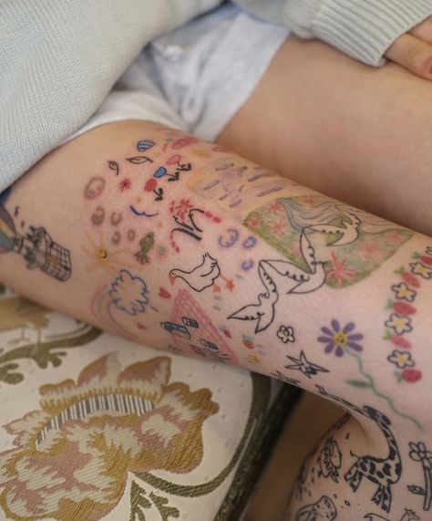 Color Line Work Tattoo, Delicate Sleeve Tattoo For Women Forearm, Painted Tattoos, Colorful Patchwork Tattoos, Childish Tattoos, Colored Ink Tattoos, Cute Color Tattoos, Artsy Tattoo Ideas, Colorful Tattoos