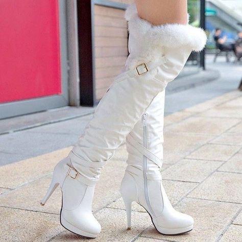 White Faux-Fur Over the Knee Boots Leather Long Boots, Long Leather Boots, Leather Snow Boots, Boots Female, Women High Heels, Knee High Heels, Girly Shoes, Womens Shoes High Heels, Long Boots