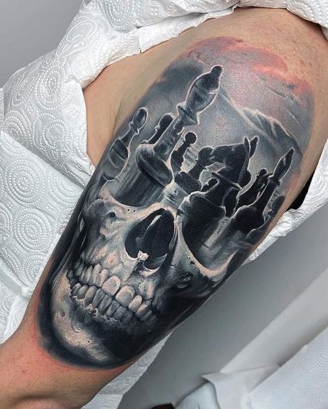 Skull Chess Piece Tattoo, Black And Grey Cover Up Tattoo, Opaque Grey Tattoo, Dark Tattoo Cover Up Ideas For Men, Dark Realism Tattoo, Realistic Skull Tattoo, Skull Tattoo Sleeve, Chess Piece Tattoo, Cover Up Tattoos For Men