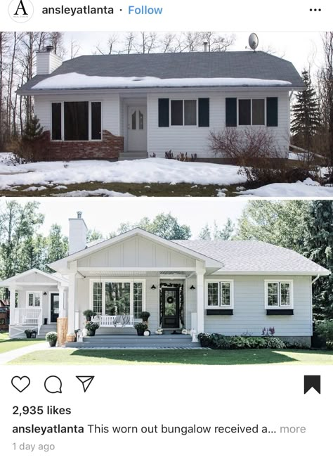 Rambler Before And After, Updated Backyard Ideas, Front Of House Makeover Ranch, Old House Renovation Outside, Track Home Remodel Exterior, Rancher House Renovation, Boxy House Exterior Makeover, Small Ranch Exterior Makeover, Rancher House Exterior