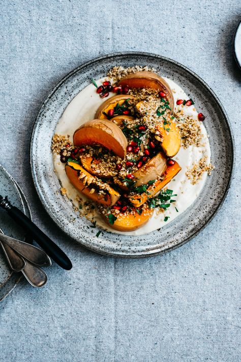 Roasted Squash with Creamy Miso Garlic Sauce and Toasted Almond "Breadcrumbs" - TENDING the TABLE Hanging In There, Crunchy Salad, Roasted Squash, Garlic Sauce, Vegan Dinners, Beautiful Food, Side Dish Recipes, Vegetable Recipes, Fall Recipes