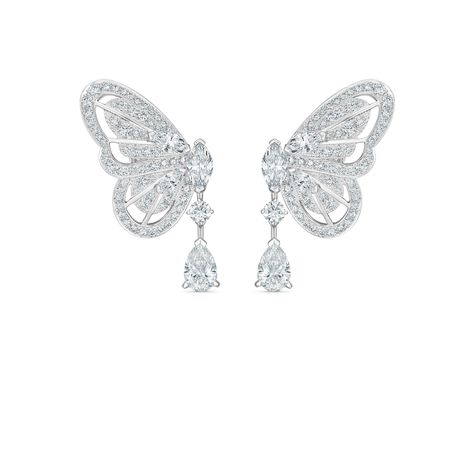 This playful pair of Butterfly earrings is inspired by the butterfly’s transformative nature and the way light reflects on its iridescent wings. Offering versatility to the wearer, the earrings are designed to be worn with or without each ~0.50 carat pear-shaped diamond drop. With a total carat weight of ~3.46 carats and set in 18K white gold, the beauty and intricacy of the butterfly wings are highlighted and enhanced by the natural brilliance of each diamond. Shein Lookbook, Character Closet, Heart Drawings, Iridescent Wings, Nature Butterfly, Marvel Dr, Magic Forest, Jewelry Images, Fancy Jewelry