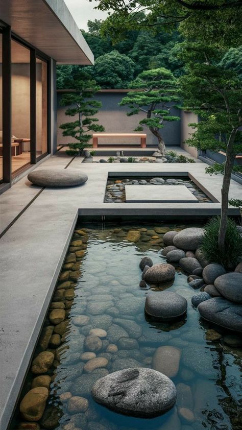 Deck And Patio Ideas, Backyard Water Features, Diy Backyard Projects, Japanese Garden Landscape, Backyard Design Ideas, Zen Garden Design, Courtyard Gardens Design, Zen Gardens, Contemporary Patio