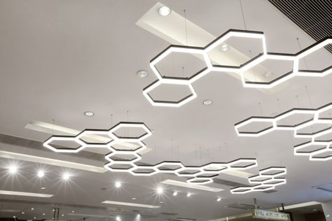 Retail Lighting Design, Burberry Store, Blitz Design, Michael Angelo, Beautiful Floor Lamps, Decorative Floor Lamps, Retail Lighting, Ceiling Light Design, Hexagon Design