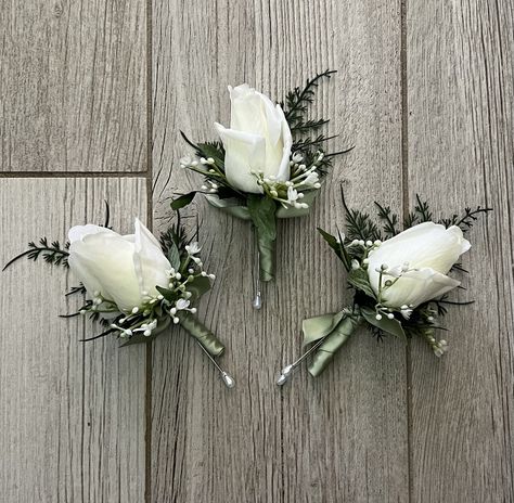 Sage And Ivory Wedding Flowers, Sage Green Wedding Boutonniere, Boutinneres Prom, Simple Boutonniere Groomsmen, Sage Green Boutonniere, Green And White Boutonniere, White And Green Boutonniere, Homecoming Boutonniere, Warehouse Bathroom