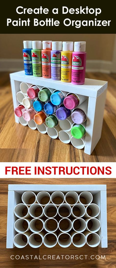 Storage Ideas For Paint Supplies, Pvc Paint Storage, Craft Paint Holder Diy, Diy Craft Paint Organizer, Crafts For Organization, Diy Paint Bottle Holder, Craft Project Organization, Diy Bottle Organizer, Paint Holder Diy Craft Rooms