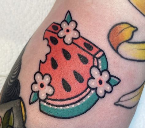 Groovy Tattoo, Fruit Tattoos, Watermelon Tattoo, Peace Tattoos, Fruit Tattoo, Tattoo Vintage, Hippie Tattoo, Rainbow Tattoos, Retro Tattoos