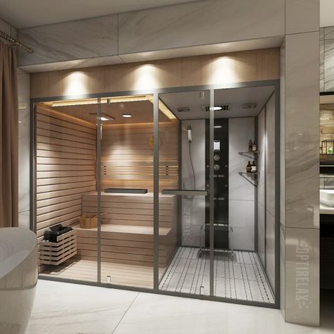 Sauna Steam Room Master Bath, Cold Plunge Tub And Sauna, Sauna Keller, Sauna Bathroom Ideas, Basement Sauna, Sauna Bathroom Design, Sauna Bathroom, Sauna Shower, Gym Sauna