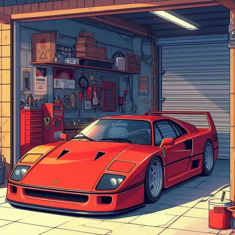 Ferrari F40 Drawing, Ferrari F40 Vintage, Ferrari Drawing, Ferrari F 40, Car References, Cars Illustration, Anime Retro, Bmw Art, Cool Car Drawings