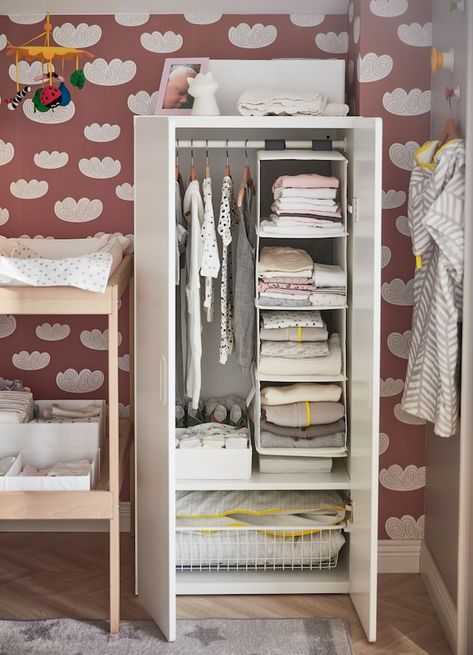 IKEA STUVA FRITIDS white wardrobe with clothes rail and shelf inside organising baby clothes. Baby Wardrobe Organisation, Baby Wardrobe Ideas, Ikea Armoire, Trofast Ikea, Ikea Baby, Custom Wardrobe, Baby Room Closet, Baby Room Storage, Storing Baby Clothes