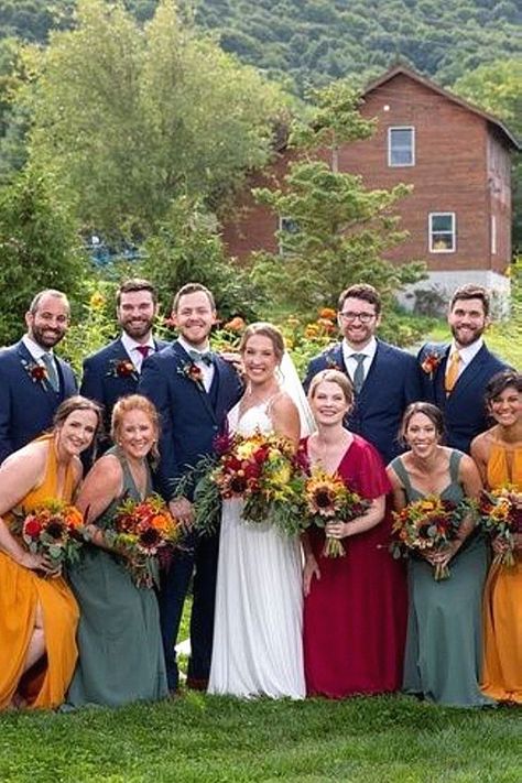 A elegant groom look feels perfect for your special day. I love recommending, this one elevates a modern wedding. Add that to your suit ideas. Mixed Color Groomsmen Suits, Multicolored Bridesmaids Dresses With Groomsmen, Groomsmen With Different Color Ties, Mismatched Bridesmaid Dresses With Groomsmen, Navy Blue Groom Suit Fall Wedding, Colored Groomsmen Attire, Groomsmen Different Colors, Mismatched Bridal Party Groomsmen, Fall Bridal Party Attire