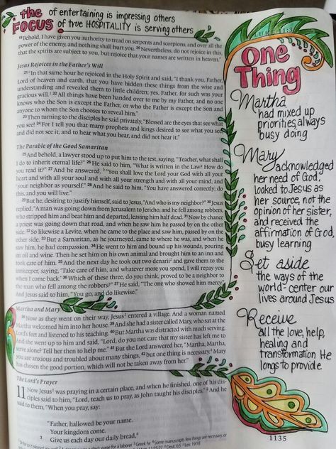 One Thing Luke 10:38-42 Luke 10 Bible Journaling, Luke 10:38-42 Mary And Martha, Mary And Martha Bible, Luke Bible, Journaling Lettering, Bible Highlighting, Bible Doodles, Inspirational Scriptures, Inspire Bible