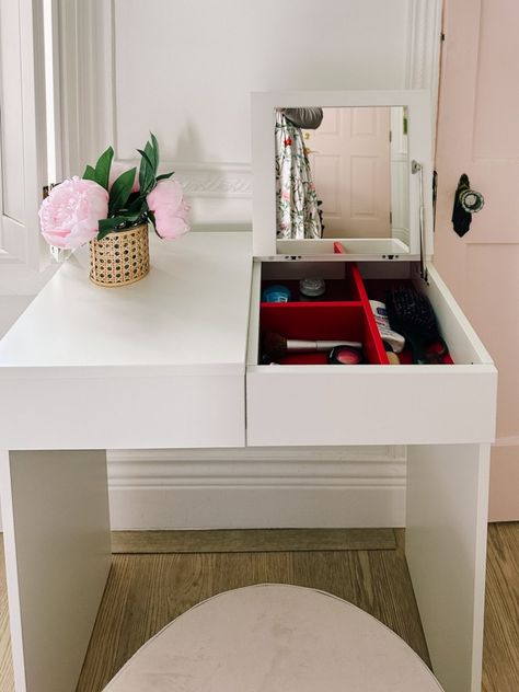 Ikea hack dressing table. DIY the Brimnes makeup vanity with mirror and drawers to look cute. This is a narrow piece so its perfect for small spaces. I'm using grasscloth and new hardware for the makeover tutorial Ikea Brimnes Dressing Table, Ikea Brimnes Vanity, Brimnes Vanity, Ikea Makeup Vanity Ideas, Ikea Makeup Table, Vanity Table Ikea, Ikea Vanity Hack, Dressing Table Diy, Desk/vanity Ideas