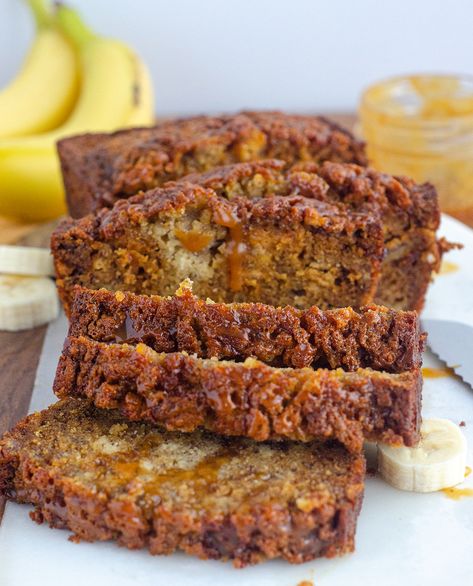 Classic banana bread gets swirled with salted bourbon caramel sauce for a jazzy take on the original. Salted Caramel Banana Bread, Caramel Banana Bread, Bourbon Caramel Sauce, Banana Bread Brownies, Bourbon Caramel, Classic Banana Bread, Carrot Cupcake, Salted Caramel Sauce, Nut Bread