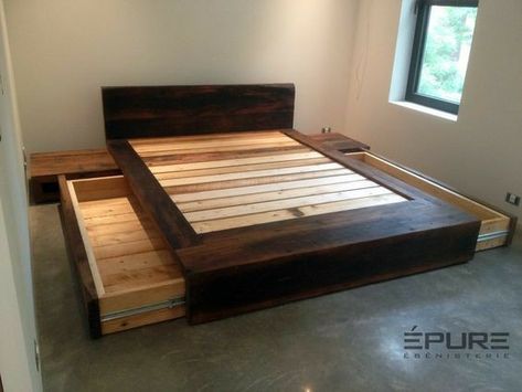 King Bed Frame With Storage, Platform Bed Designs, Diy Pallet Bed, Diy Platform Bed, Bed Frame With Drawers, Bed Frame Design, Wood Furniture Design, Diy Bed Frame, Wood Bed Frame