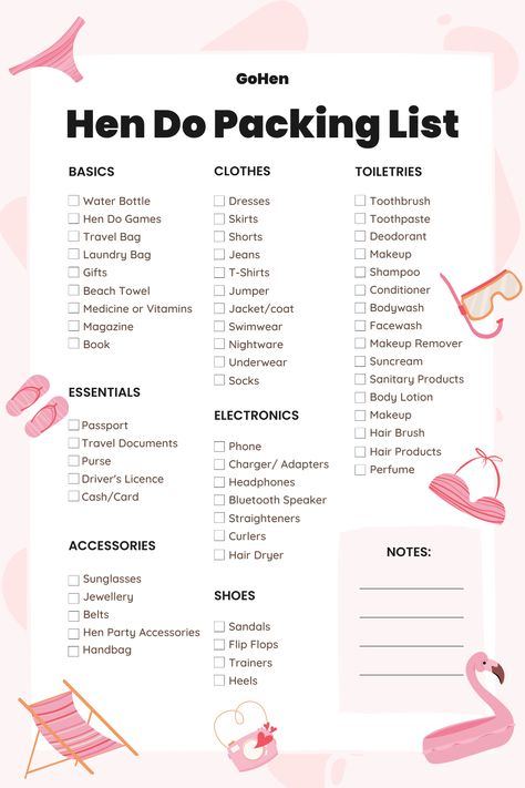 Hen do packing list Hen Party Essentials, Bridal List For Shopping, Ibiza Hen Do Itinerary, Hen Weekend Outfits, Uk Hen Do Ideas, Hens Weekend Ideas, Hen Do Abroad, Hen Party Bags What To Put In, Hen Do Themes