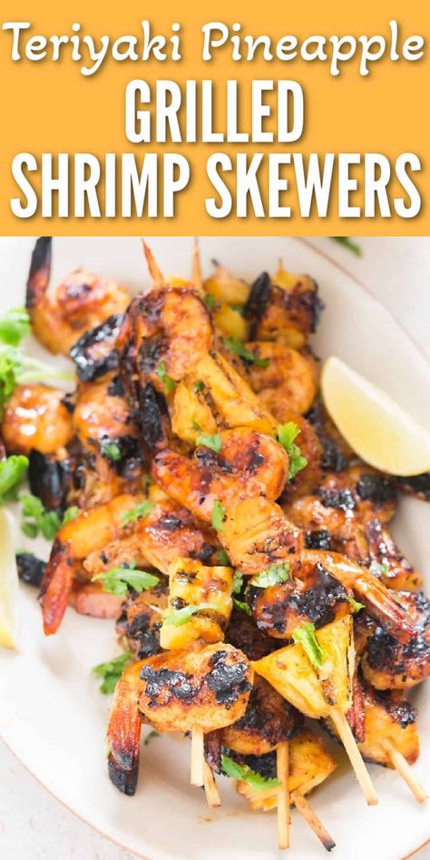 Teriyaki pineapple grilled shrimp skewers have pineapple chucks and fresh shrimp are threaded into a skewer and slathered with teriyaki sauce. These ultra-delicious sweet, lightly spicy, shrimp skewers are the best summertime meal. #shrimpskewers #grilling #pineapple #shrimp #kabobs #grillingrecipes #sidedish #partyappetizers #shrimprecipes #skewerrecipes #skewers #bbqrecipes Shrimp Asian, Teriyaki Skewers, Teriyaki Pineapple, Grill Shrimp, Italian Beef Crockpot, Shrimp Skewer Recipes, Asian Shrimp, Pineapple Shrimp, Grilled Kabob Recipes