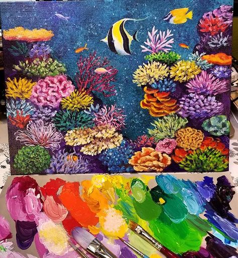 How To Paint Coral Reef, Coral Painting Easy, Coral Reef Painting Easy, Coral Painting Acrylic, Reef Painting Acrylics, Painted Coral Reef, Undersea Painting, Paint Coral Reef, Underwater Acrylic Painting