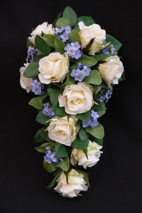 roses and forget me not Trailing Bouquet, Bridal Bouquet White, Silk Bridal Bouquet, Bouquet Inspiration, White Bridal Bouquet, Forget Me Nots, Rose Blue, White Bouquet, Flower Bouquet Wedding