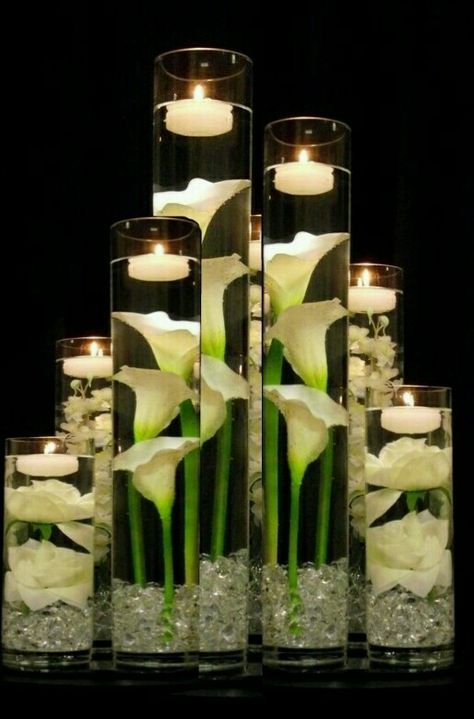 Elegant Modern Wedding Table Settings, Nonfloral Centerpiece Ideas Wedding, Lilly Centerpieces, Tall Vase Centerpiece Ideas, Cylinder Vase Arrangements, Lily Wedding Centerpieces, Lily Wedding Centerpieces Simple, Lily Centerpiece Wedding, Repass Decorations Ideas