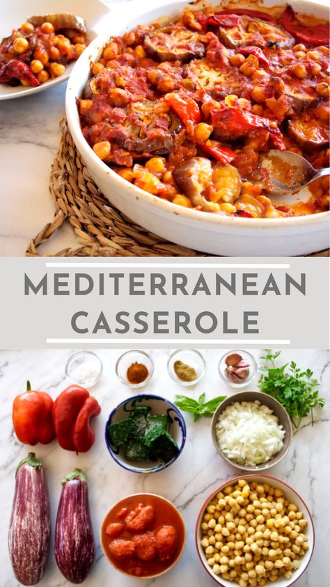 A photo of the finished casserole in a casserole dish and below it the raw ingredients in the recipe on a table Mediterranean Casserole, Vegan Mediterranean Recipes, Mediterranean Eggplant, Casserole Vegan, Eggplant Casserole, Vegan Mediterranean, Mediterranean Recipes Healthy, Mediterranean Chickpea, Vegan Casserole