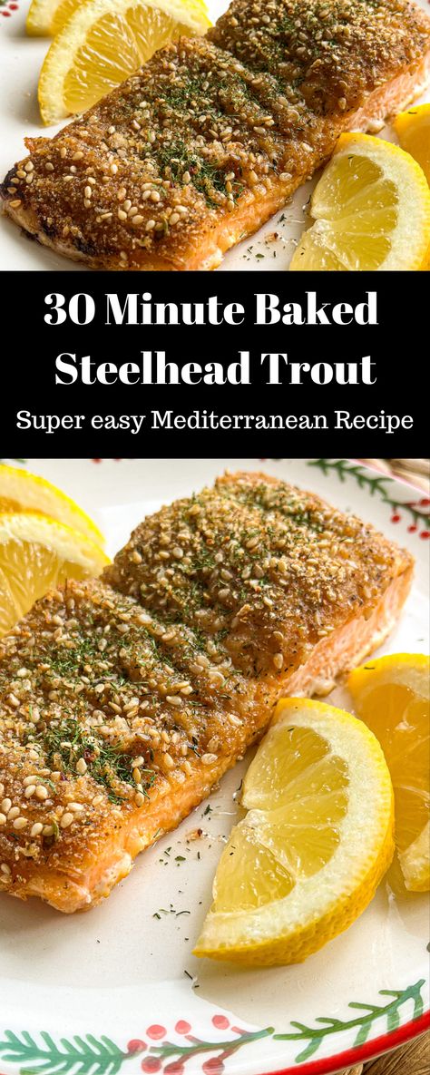 Delicious baked lemon mustard Steelhead Trout recipe with sesame seed herb topping for an easy 30 minute dinner. This healthy steelhead trout is perfectly crispy on the top and soft and moist in the middle. Baked in the oven, this steelhead is perfect for a quick meal on a weekday. Kid approved too. Trout Recipes Oven, Steel Head Trout Recipes, Steelhead Trout Recipe Baked, Steelhead Trout Recipe, Baked Trout, Trout Recipe, Easy Mediterranean Recipes, European Dishes, Steelhead Trout