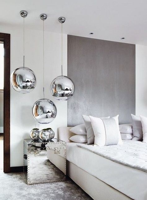 20 Interiors in Silver | Easy Interior Design | Bloglovin’ Kelly Hoppen Interiors, Urban Bedroom, Modern White Bedroom, Summer Bedroom, Kelly Hoppen, Bedroom Oasis, Mirror Ball, Beautiful Spaces, Hotel Decor