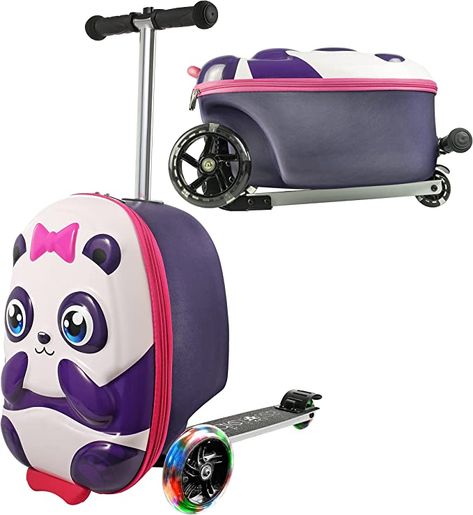 KIDDIETOTES 3-D Hardshell Ride On Suitcase Scooter for Kids - Cute Lightweight Kids Luggage with Wheels - Fun LED Lights Suitcase Scooter, Scooter Luggage, Kids Travel Bags, Panda 3d, Adventure Watches, Best Suitcases, Carry On Size, Kids Scooter, Carry On Suitcase