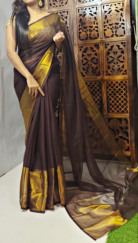 Chocolate Brown Saree, Coffee Brown Saree Combination Blouse, Brown Saree, Coffee Brown Color, Blouse Colour, Gold Border, Brown Silk, Saree Look, Chiffon Saree