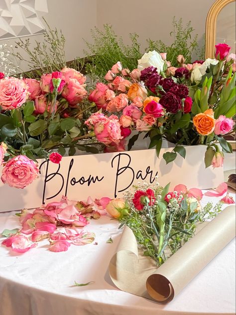 Baby In Bloom Shower Ideas Flower Bar, Baby In Bloom Flowers, Bridal Shower Ideas Brunch Themes, Galentines Party Flower Bar, Bridal Shower Bloom Bar, Bridal Shower Stations, Baby Bloom Shower Ideas, Flower Bar For Bridal Shower Ideas, Flowers In Bloom Baby Shower Theme