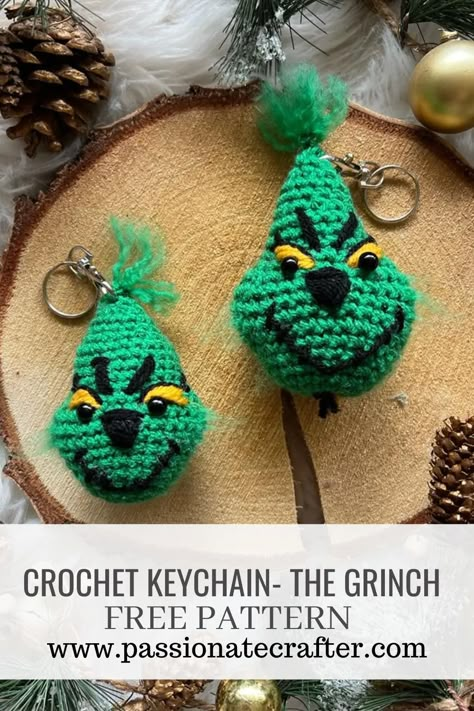 The grinch keychain- free crochet pattern Crochet Gnome Keychain Pattern Free, Crochet Gnome Keychain, Grinch Keychain, Passionate Crafter, Crocheted Keychains, Crochet Keyring Free Pattern, Crochet Grinch, Crochet Key Chains, Crochet Kindness