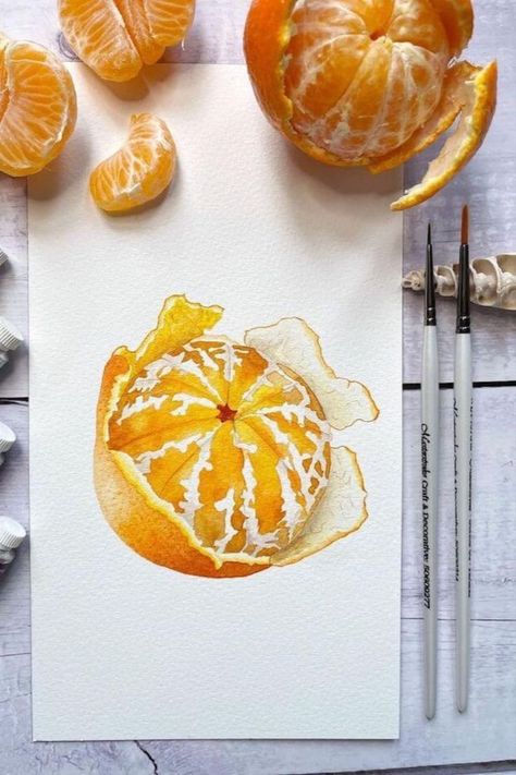 Oranges Sketch, Orange Watercolor Painting, Peeled Orange Tattoo, Orange Sketch Drawing, Orange Peel Drawing, Orange Paintings, Mandarin Painting, Peeled Orange, Orange Watercolor