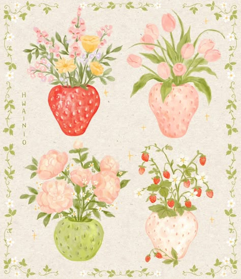 Flower Market Illustration, Spring Wallpaper Drawing, Pastel Green And Pink Aesthetic, Spring Aesthetic Pastel, Strawberry Graphic Design, Strawberry Cottagecore, Cute Illustration, Wall Collage, Pattern Wallpaper