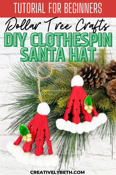 Dollar Tree Christmas DIY Clothespin Santa Hat Clothespin Santa Hat, Clothespin Angels Diy, Clothes Pin Christmas Crafts, Mini Clothespin Crafts, Clothespin Santa, Clothespin Christmas Ornaments, Clothespin Wreath Diy, Reindeer Clothespin, Dollar Tree Christmas Diy