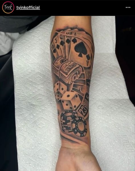 Inner Calf Tattoo Men, Card And Dice Tattoo, Card Forearm Tattoo Men, Lottery Tattoo, Dice And Money Tattoo, 50s Tattoo Ideas, Lifes A Gamble Tattoos, Cards Tattoo Women, Cards Tattoo Design