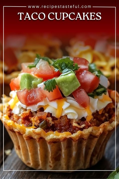 A fun, bite-sized twist on tacos, perfect for parties or easy weeknight dinners! These delicious Taco Cupcakes feature seasoned ground beef, two types of cheese, and are topped with fresh salsa and sour cream. Taco Cupcakes Recipe, Fun Party Snacks, Taco Cupcakes, Appetizer Cups, Seasoned Ground Beef, Taco Cups, How To Make Taco, Olive Relish, Wonton Wrappers