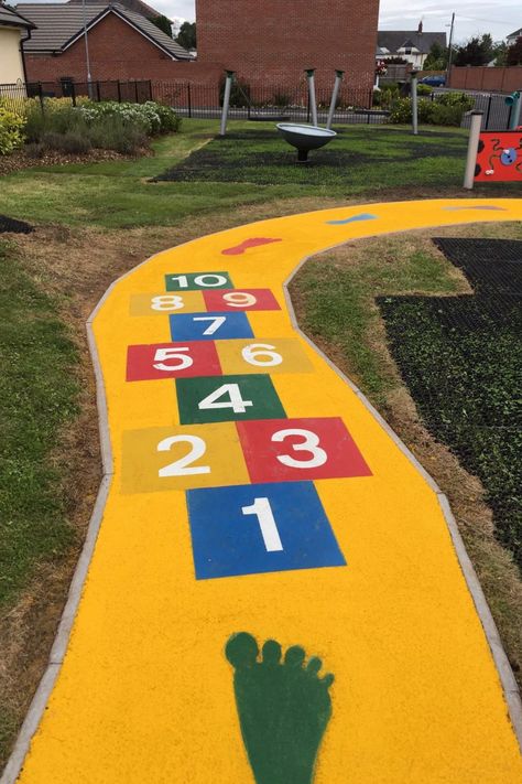 Playground Marking - Follow The Yellow Brick Road 18D School Playground Design, Garden For Kids, Playground Markings, Playground Painting, Tactical Urbanism, Follow The Yellow Brick Road, Ground School, Playground Flooring, Safe Playground