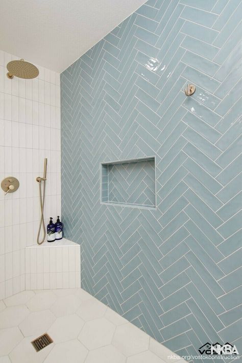 Herringbone Shower Tile, Herringbone Tile Bathroom, Blue Shower Tile, Light Blue Bathroom, Zia Tile, Blue Bathroom Tile, Subway Tiles Bathroom, Bathroom Redesign, Encaustic Cement Tile