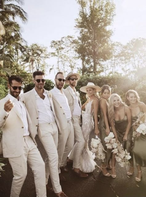 Outdoor Wedding Party Outfit, Unique Wedding Party Attire, Olive Bridal Party, Unique Groomsmen Attire, Neutral Wedding Party, Green Bridal Party, Mens Linen Suit, Rhodes Wedding, Bermuda Wedding