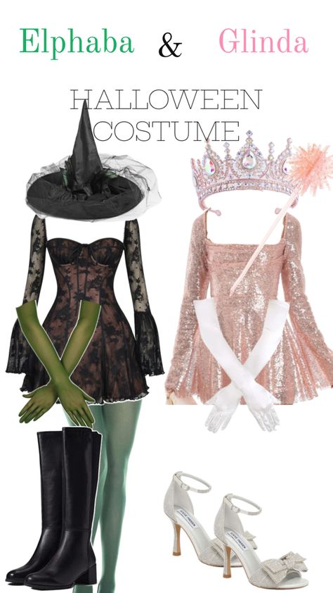 elphaba and glinda halloween costume idea/inspo!! Wicked Elphaba And Glinda Costume, Glinda And Elphaba Inspired Outfits, Galinda Wicked Costume, Wicked Halloween Costume Ideas, Wicked Costumes Diy, Elphaba Costume Diy, Elphaba Wicked Inspired Outfits, Glinda The Good Witch Costume College, Elphaba Outfit Ideas