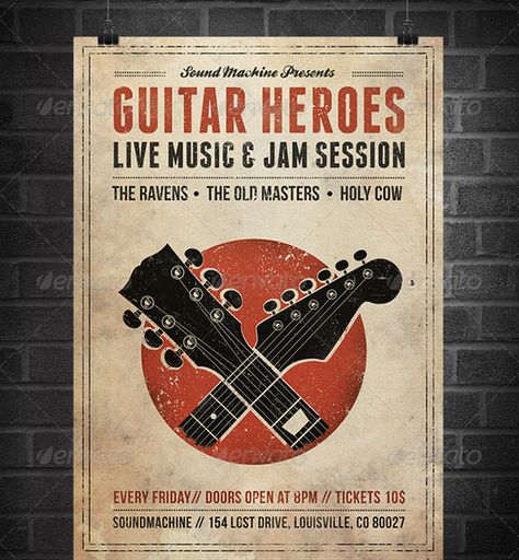 Poster idea Jam Session Poster, Guitar Poster Design, Live Music Flyer, Rock Poster Design, Live Music Poster, Guitar Poster, Rock Poster Art, Concert Poster Design, Handmade Poster